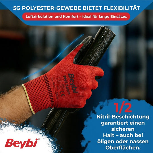 12 Paar Arbeitshandschuhe, Polyester, Rot und Schwarz