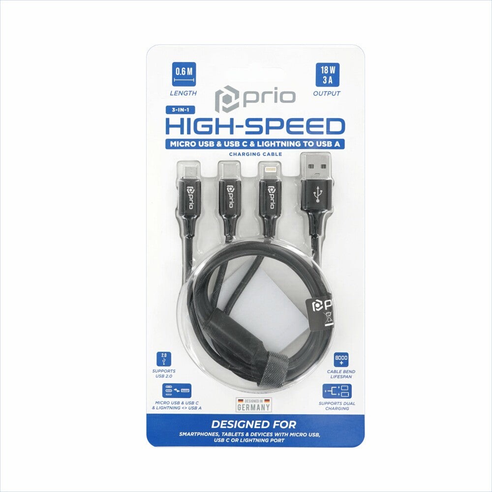 prio 3in1 Micro USB & USB C & Lightning zu USB A Kabel 3A 0.6m schwarz
