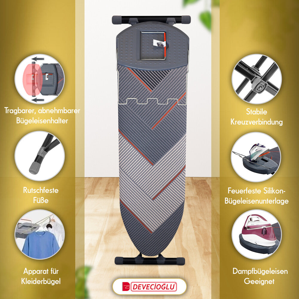 Bügelbrett, Bügeleisen Ablage, Bügelbrettbezug 40x140cm, Höhe 68-90cm, Grau