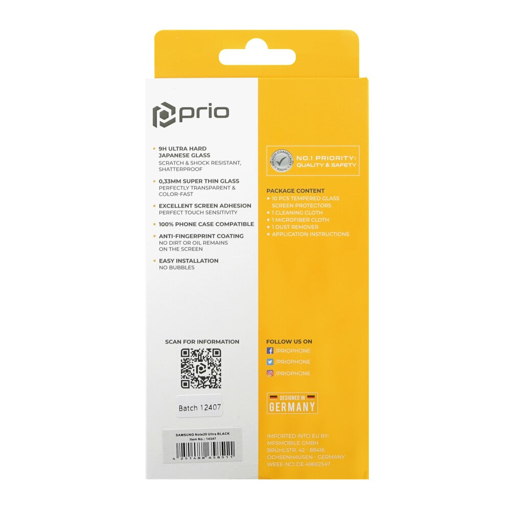 prio 10x 3D Displayschutzglas für Samsung Note20 Ultra schwarz