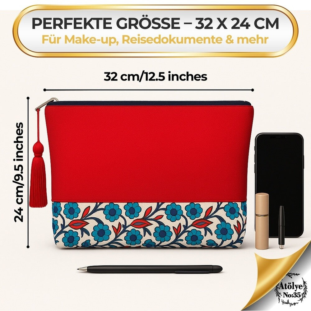 Kulturtasche Damen, Kosmetiktasche Rot, Ethnisches Muster, 32x24 cm
