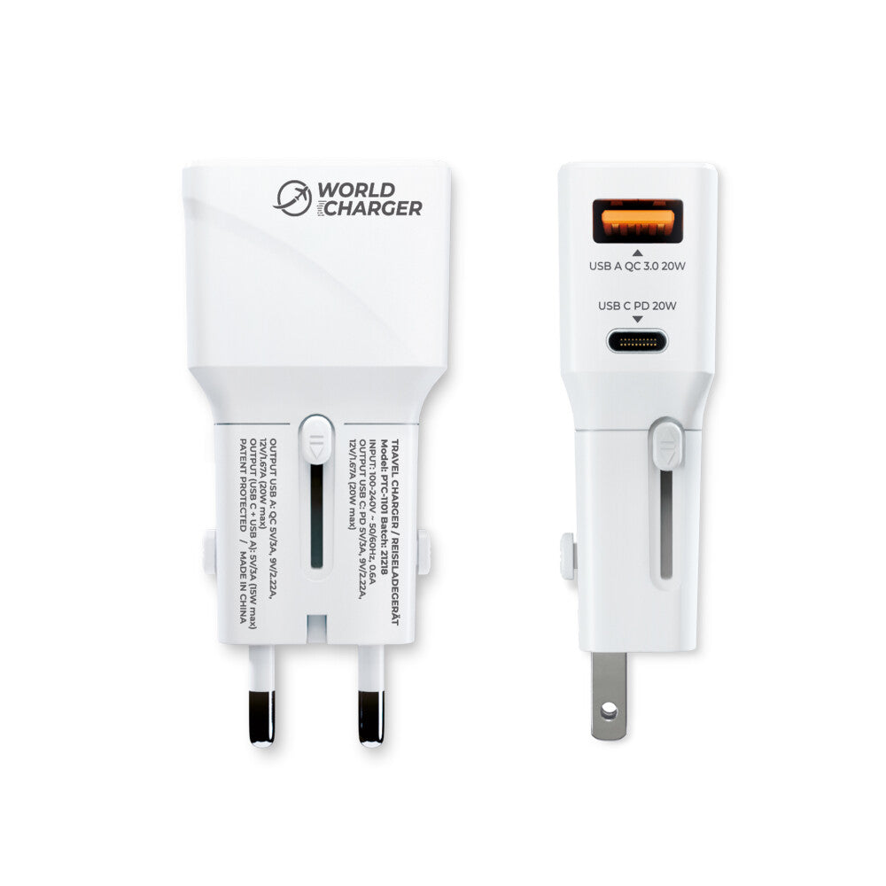 Prio Schnelllade-Weltreiseladegerät, 20W PD (USB C) + QC 3.0 (USB A) weiß