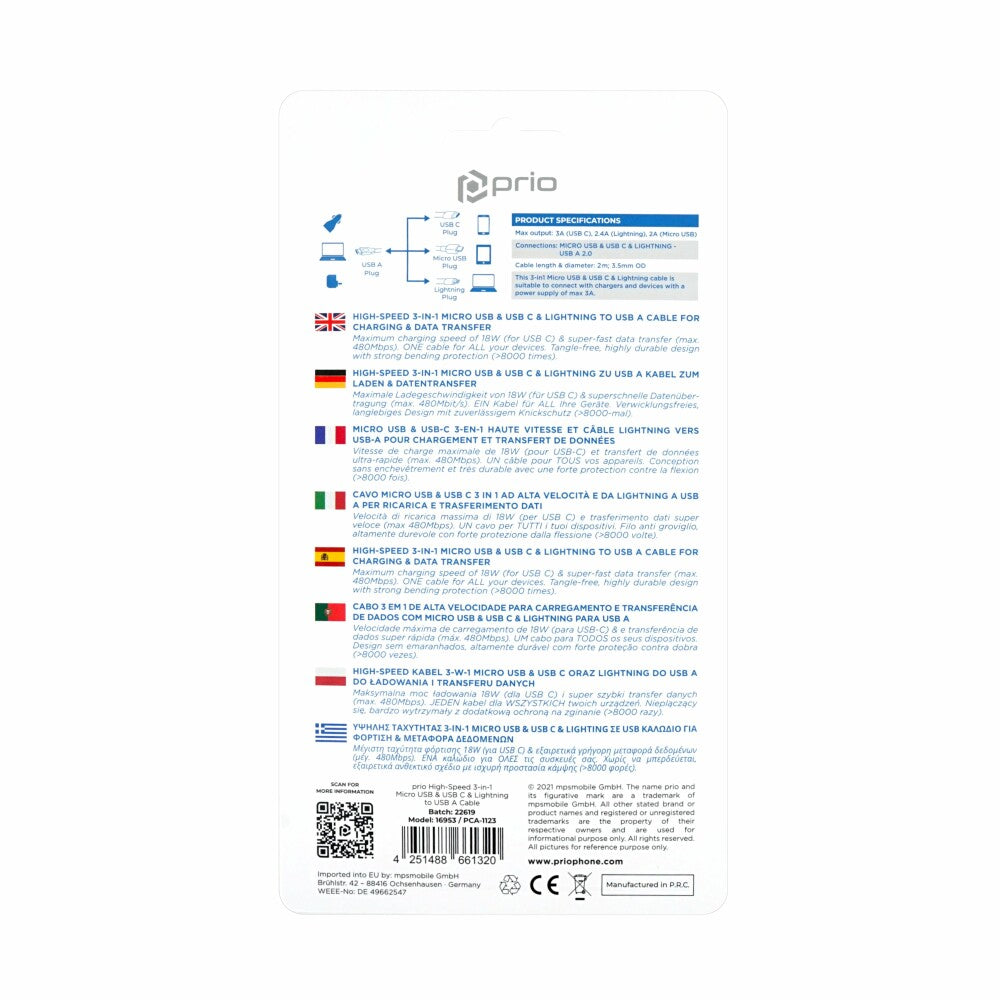 prio 3in1 Micro USB & USB C & Lightning zu USB A Kabel 3A 2m schwarz