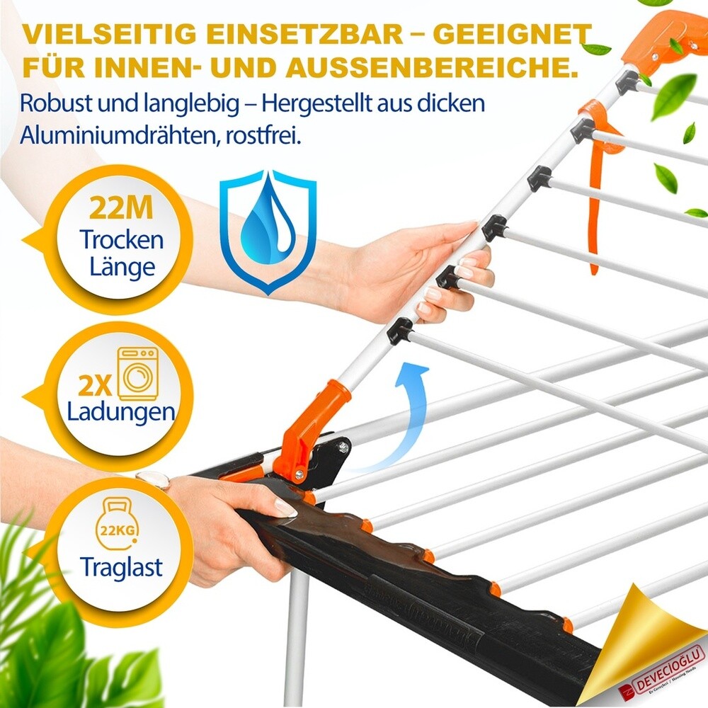 Devecioğlu Flügelwäschetrockner, Klappbar, 22m Trockenlänge, Standtrockner