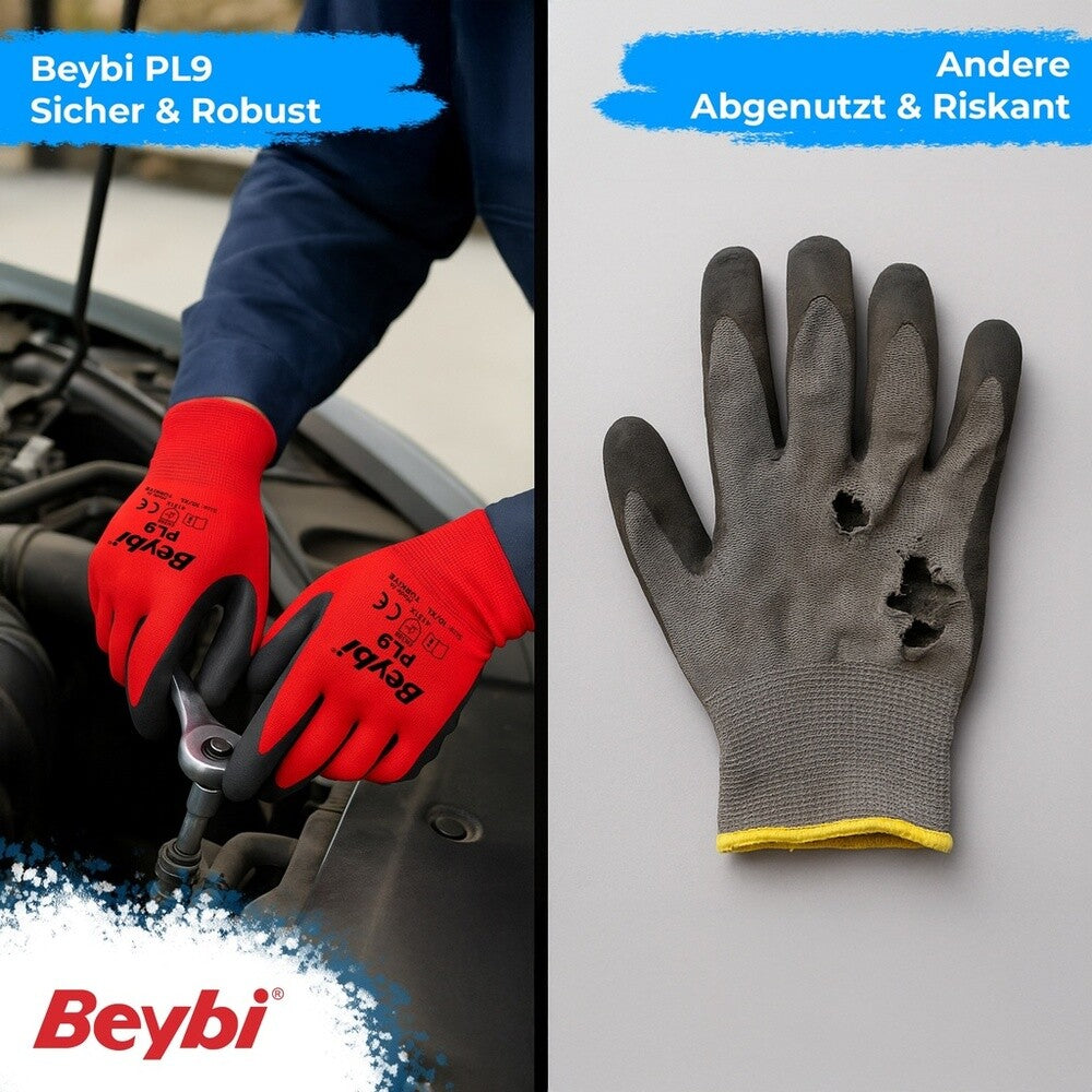 12 Paar Arbeitshandschuhe, Polyester, Rot und Schwarz