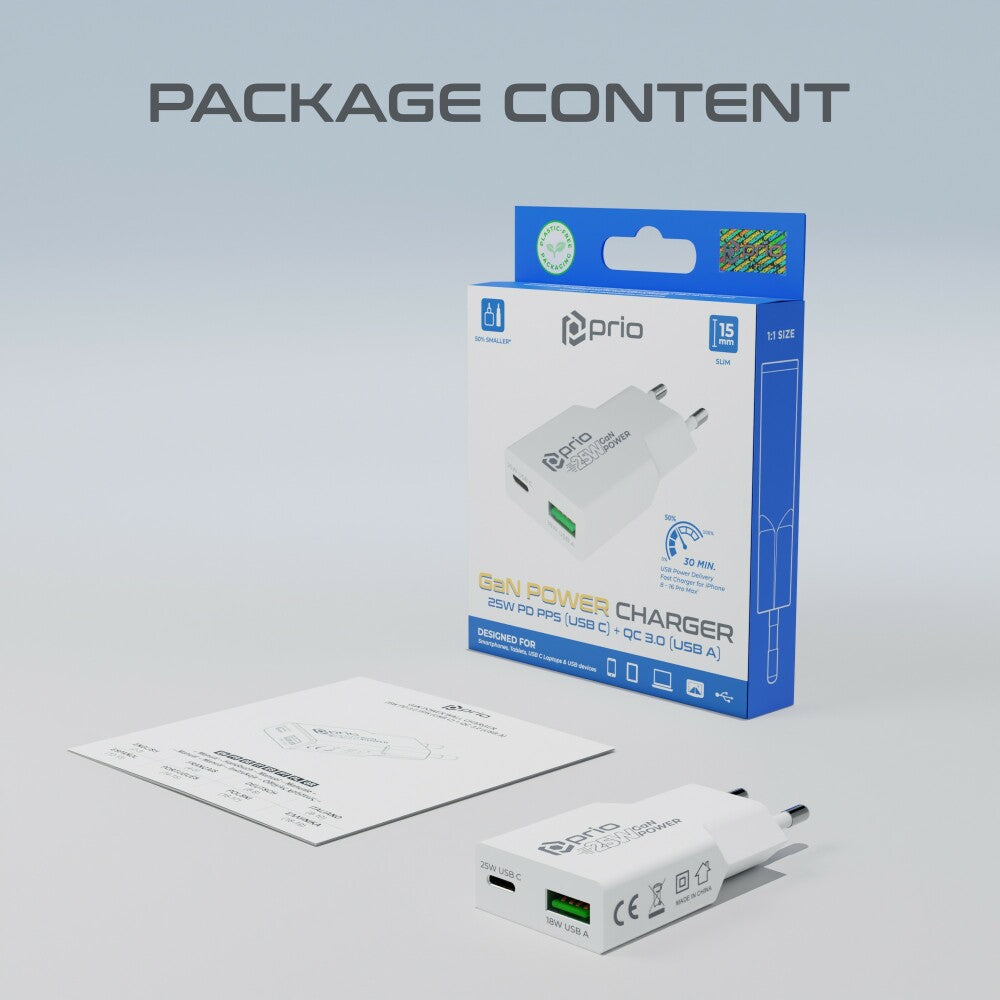 prio Ladegerät GaN POWER 25W PD PPS (USB C)+QC 3.0 (USB A) weiß