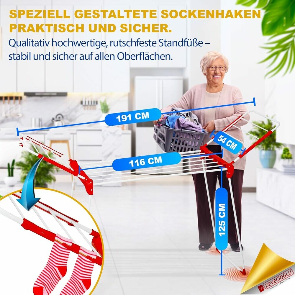 LINDA Flügelwäschetrockner | Klappbar, 20m Trockenlänge, mit Sockenhalter