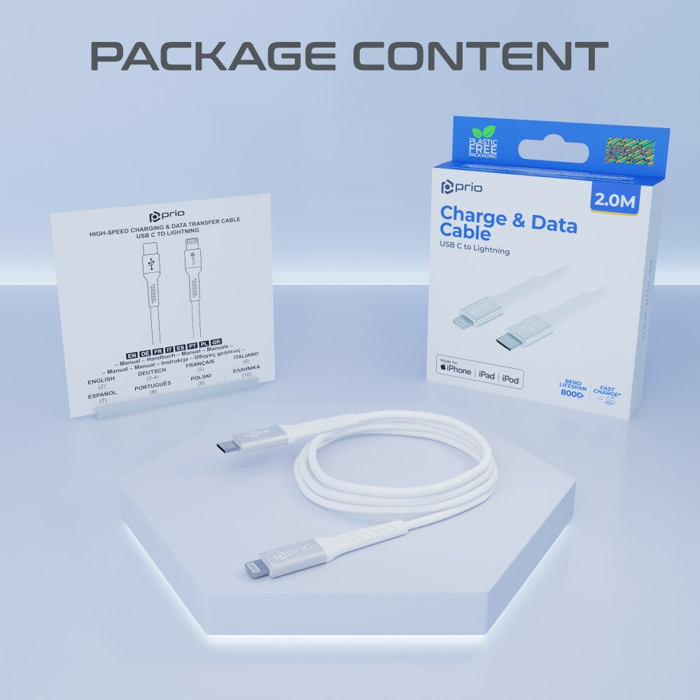 prio Lade- und Synchronisierungskabel USB C auf Lightning MFi-zertifiziert 2 m weiß