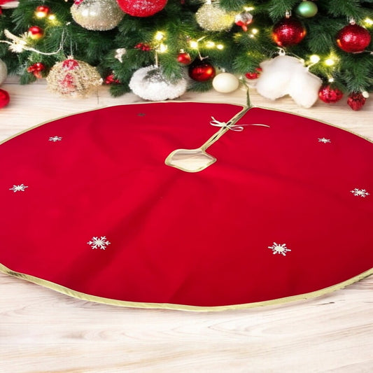 Weihnachtsbaumrock Rund Rot-Gold mit Schneeflocken-Motiv, 90 cm Weihnachtsdeko
