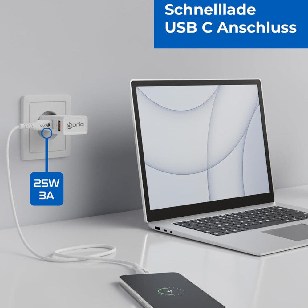 prio Fast Charge World Reiseladegerät 25W PD PPS (USB C) + QC 3.0 (USB A) weiß