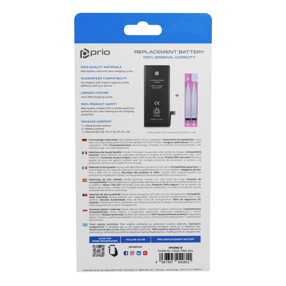prio Akkuzelle für iPhone 15 (ohne Flex-Kabel)