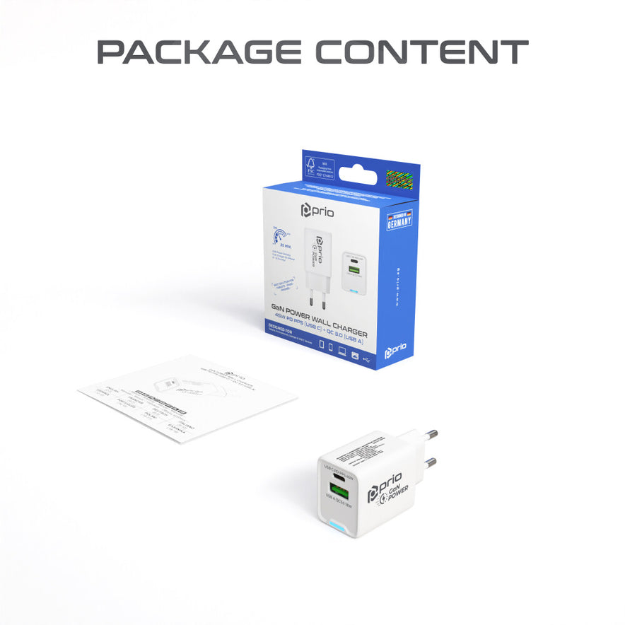 prio Wandladegerät GaN Power 45W PD PPS (USB C) + QC 3.0 (USB A) weiß