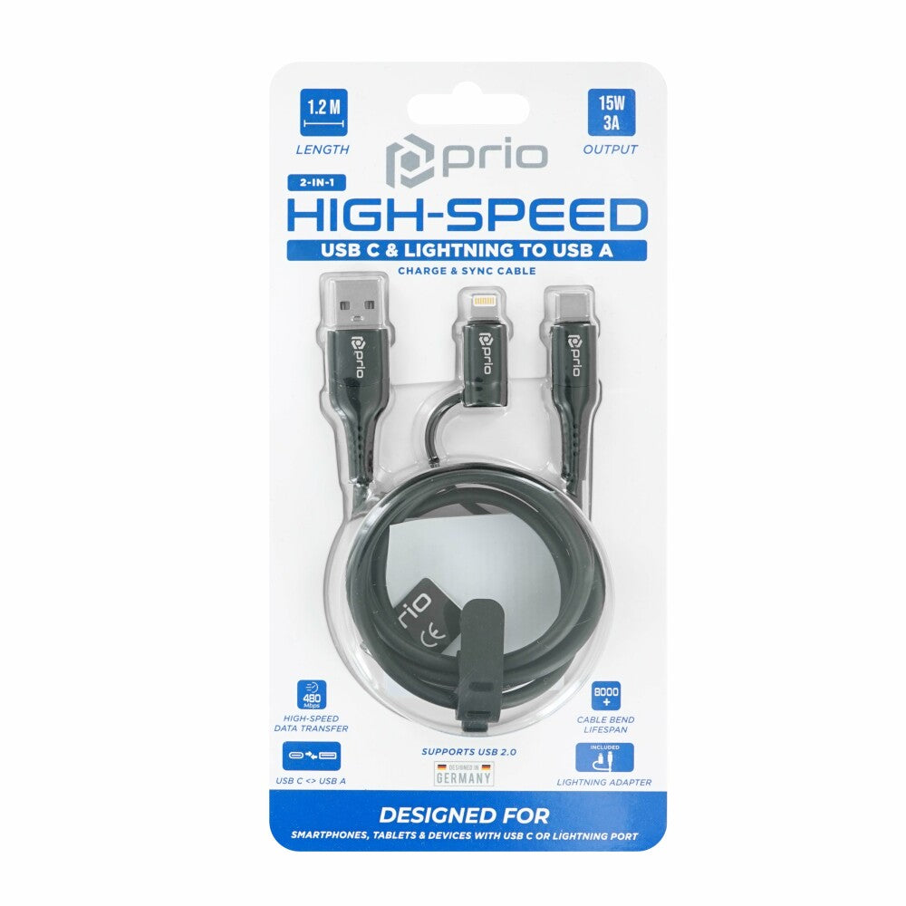 prio 2 in 1 Lade- und Synchronisierungskabel von USB C und Lightning auf USB A, 3 A, 1,2 m, schwarz