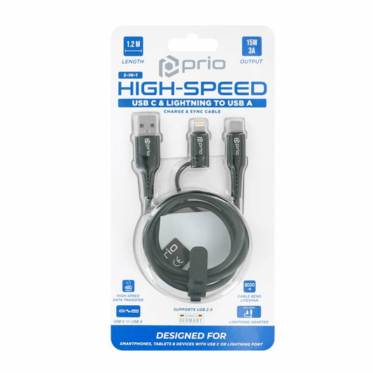 prio 2 in 1 Lade- und Synchronisierungskabel von USB C und Lightning auf USB A, 3 A, 1,2 m, schwarz