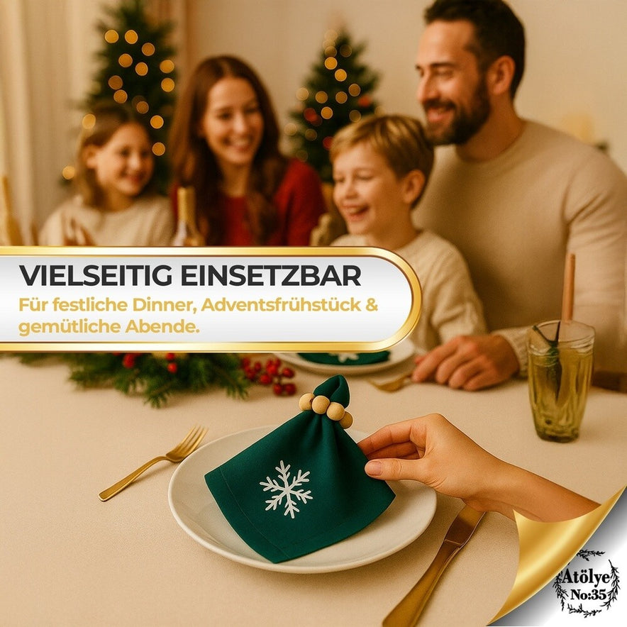 Stoffservietten Weihnachten 4er Set Zümrütgrün Schneeflocken-Stickerei 35x35 cm