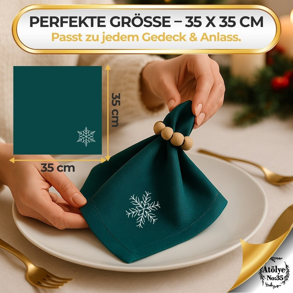 Stoffservietten Weihnachten 4er Set Zümrütgrün Schneeflocken-Stickerei 35x35 cm - Stickerei