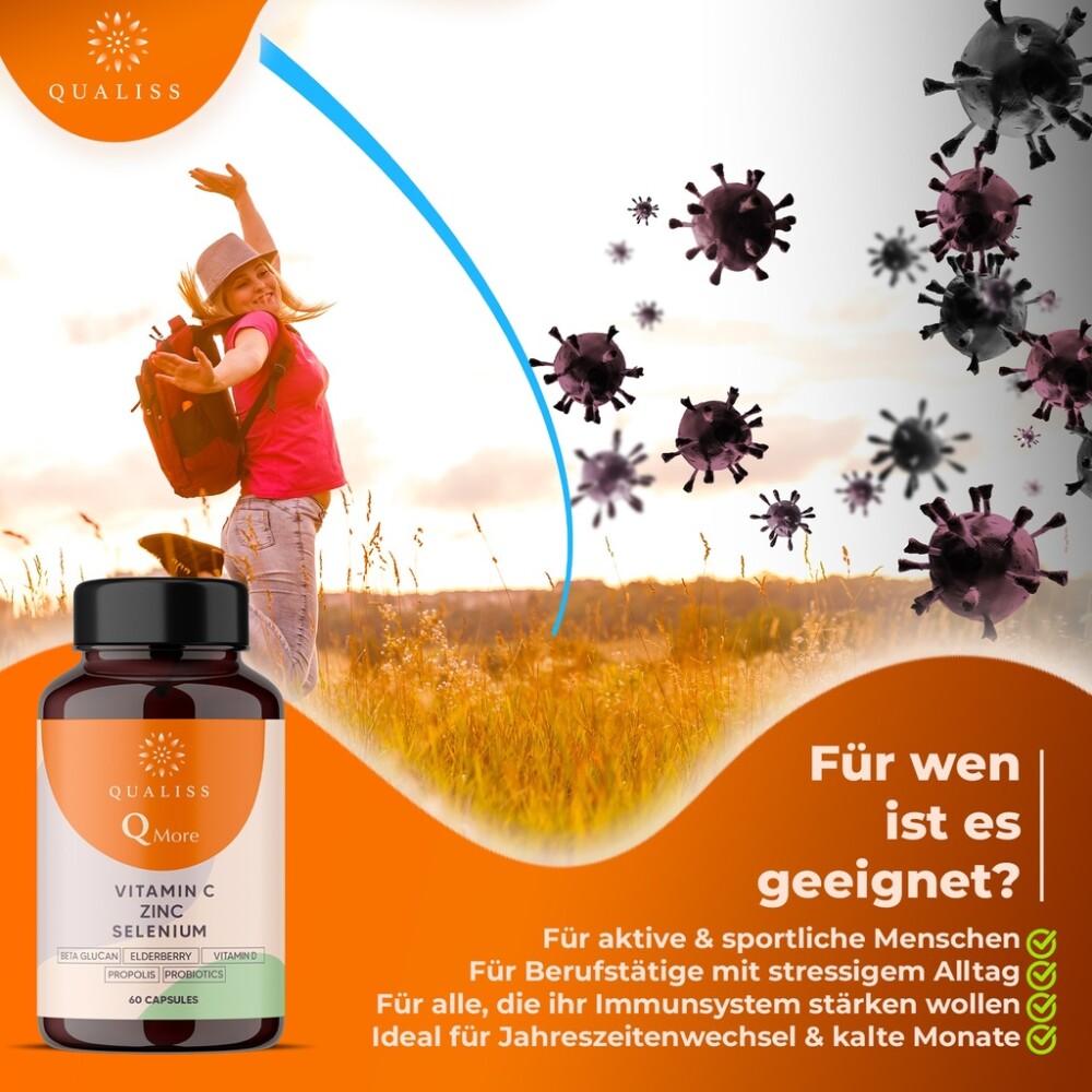 Q More - Immunsystem Unterstützung mit Vitamin C, D, Zink, Selen - 60 Kapseln