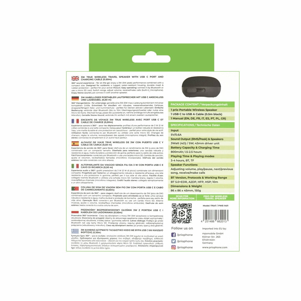prio 3W Kabelloser Reise-Lautsprecher HIT Mini Grau