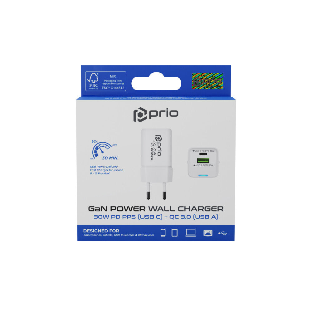 prio Wandladegerät GaN Power 30W PD PPS (USB C) + QC 3.0 (USB A) weiß
