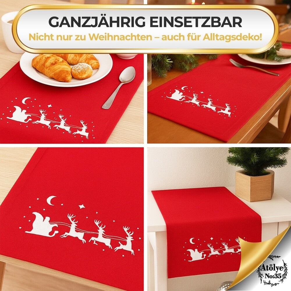 Weihnachtlicher Tischläufer Rot mit Santa&Rentier Golddruck 40x140 Weihnachtsdeko