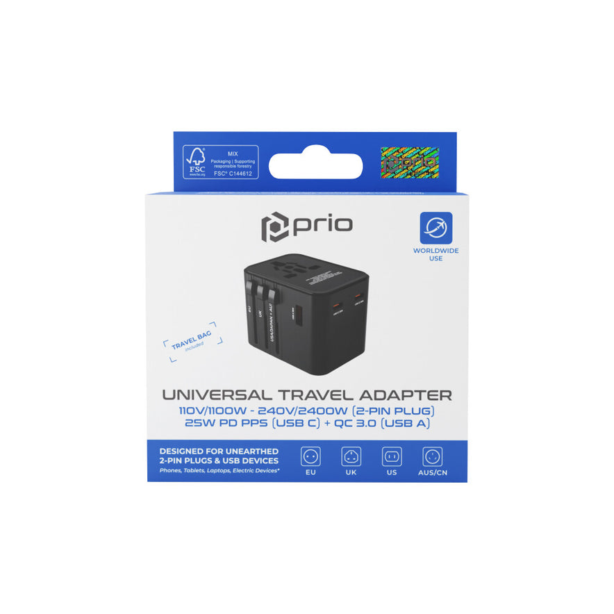 prio Universal Reiseadapter 25W Schwarz – Ladegerät USB, weltweit für 220 Länder