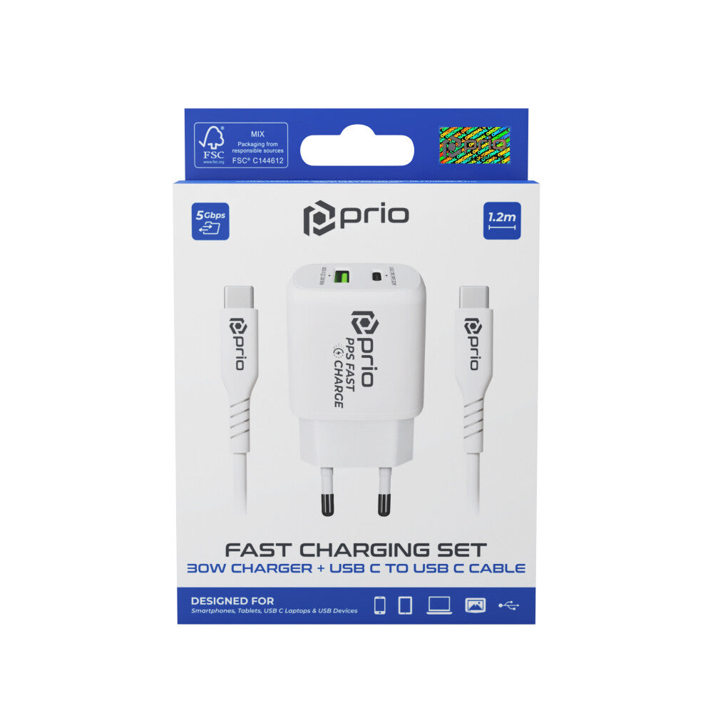 prio Lade- und Set (30W Ladegerät + USB C - USB C Kabel) weiß