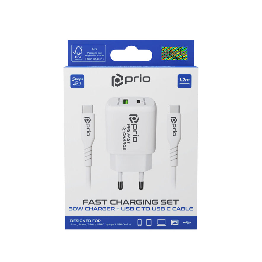 prio Lade- und Set (30W Ladegerät + USB C - USB C Kabel) weiß