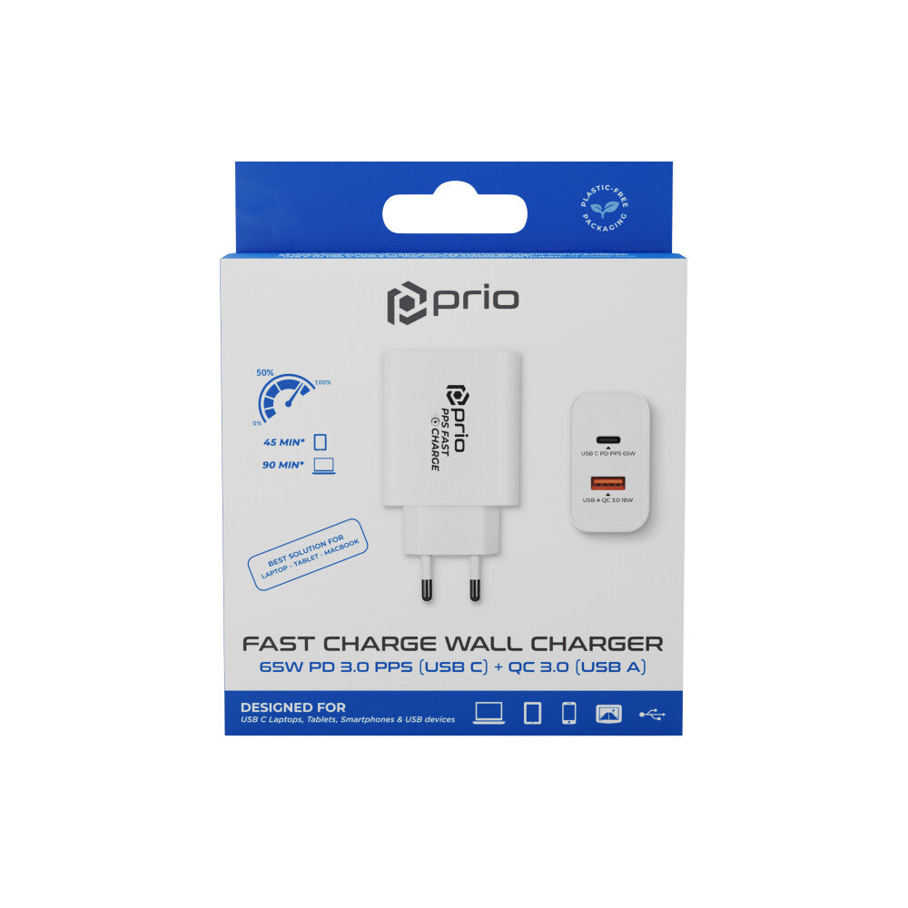 prio Schnellladegerät 65W PD (USB C) + QC 3.0 (USB A) weiß