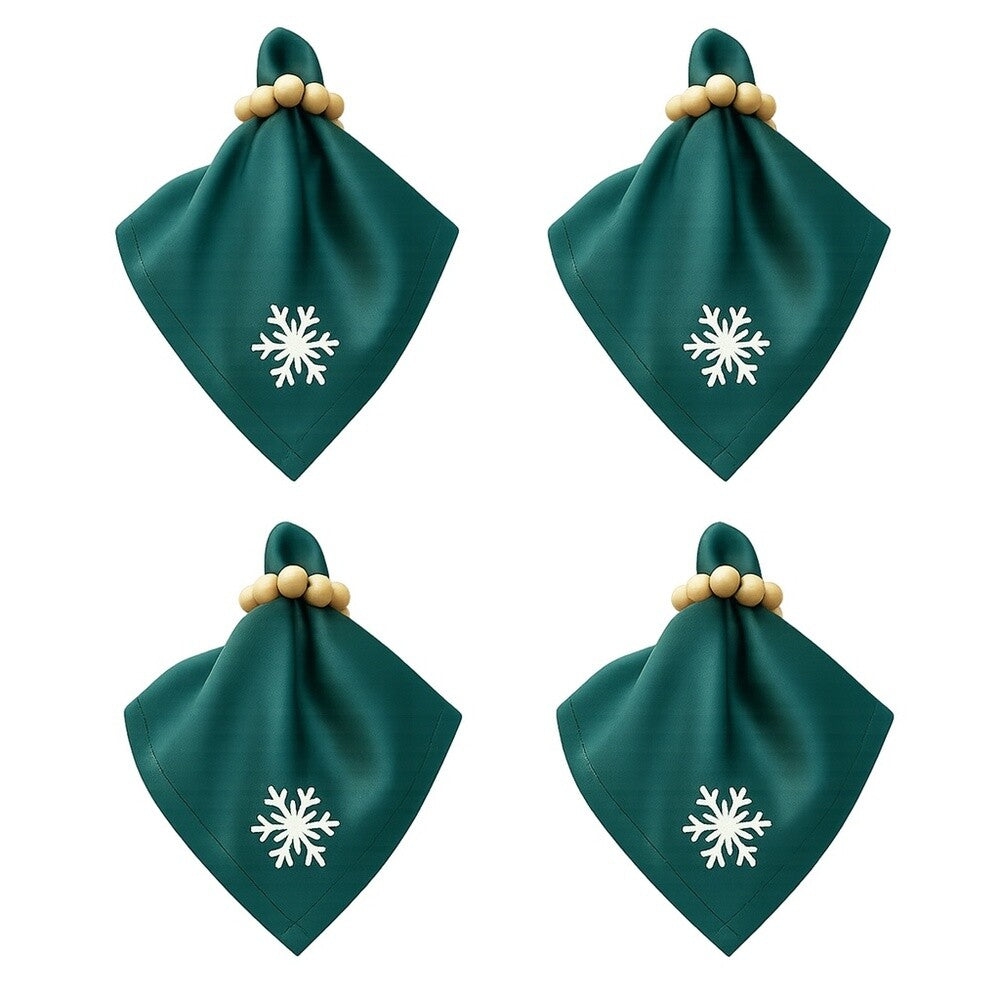 Stoffservietten Weihnachten 4er Set Zümrütgrün Schneeflocken-Stickerei 35x35 cm