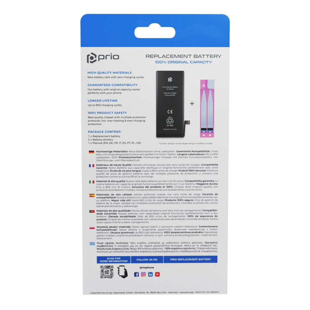 prio Akkuzelle für iPhone 16 Pro (ohne Flex-Kabel)