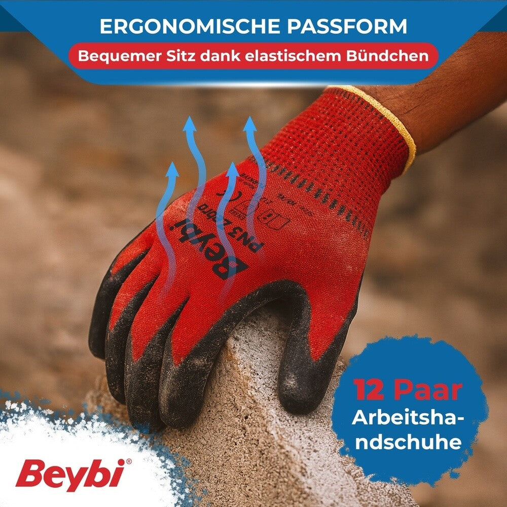12 Paar Arbeitshandschuhe, Polyester, Rot und Schwarz