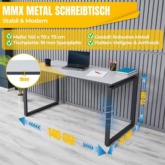 MMX METAL Schreibtisch aus Metall, Hellgrau farbene Platte und schwarzes Gestell, Computertisch, einfache Montage, 140 x 70 x 73