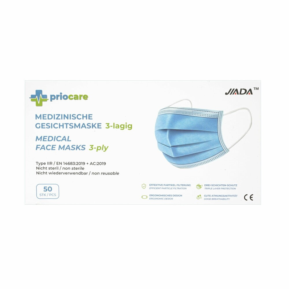 Original 50x priocare Typ IIR Einwegmaske Mundschutz Atemschutzmaske Blau