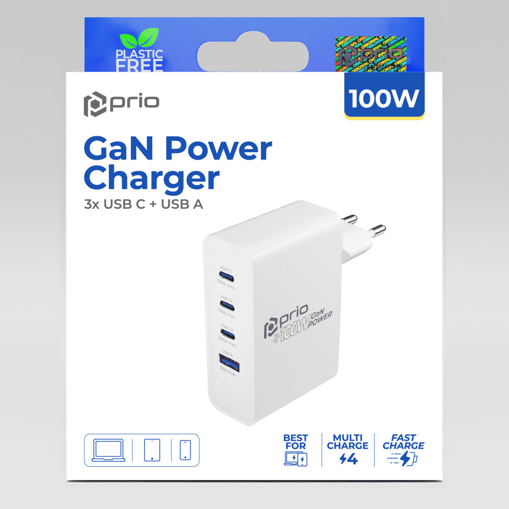 prio Wandladegerät GaN Power 100W PD PPS (USB-C) + QC 3.0 (USB-A) weiß