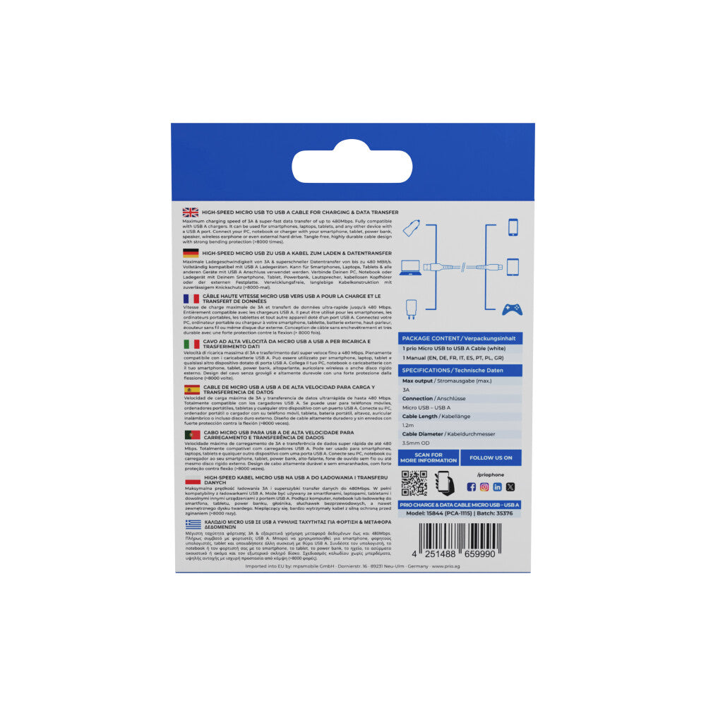 prio Lade & Sync Micro USB zu USB A Kabel 1.2m weiß