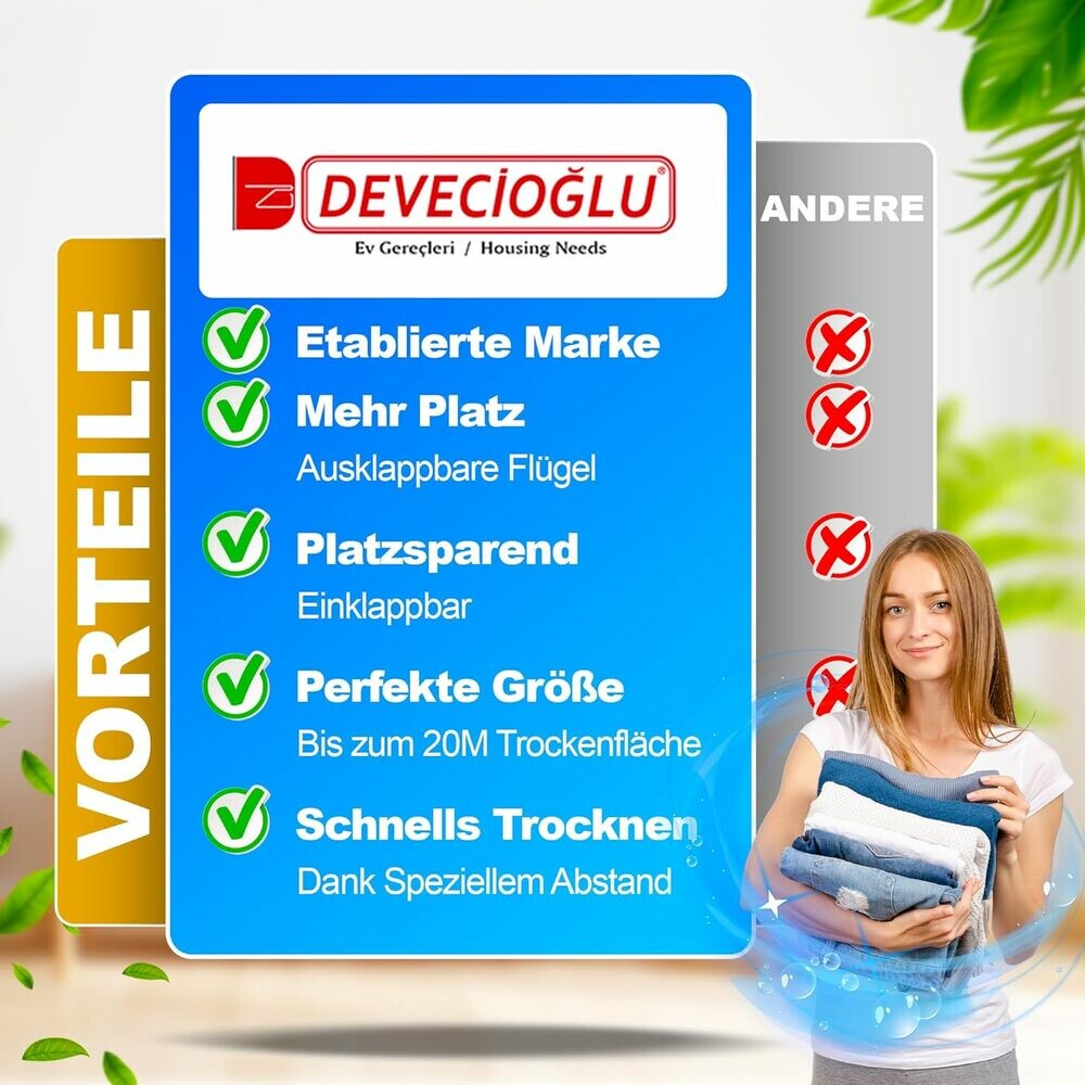 LINDA Flügelwäschetrockner | Klappbar, 20m Trockenlänge, mit Sockenhalter