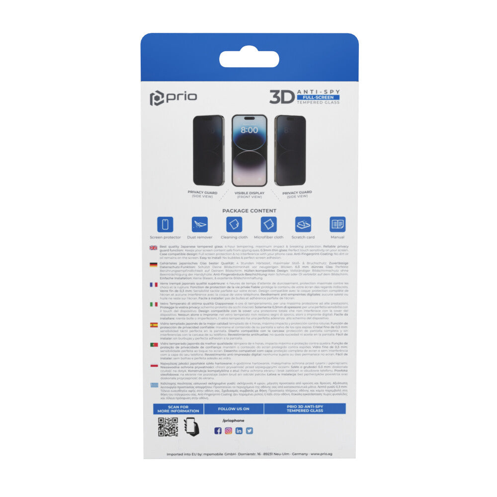 Prio 3D Anti-Spy Panzerglas für iPhone 15 Pro Max (6,7 Zoll) schwarz