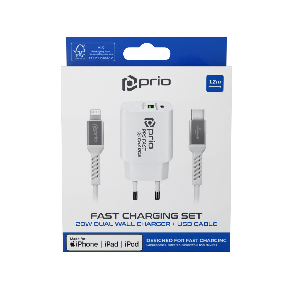 prio MFi Schnellladeset (20W Ladegerät + Lightning-Kabel) weiß