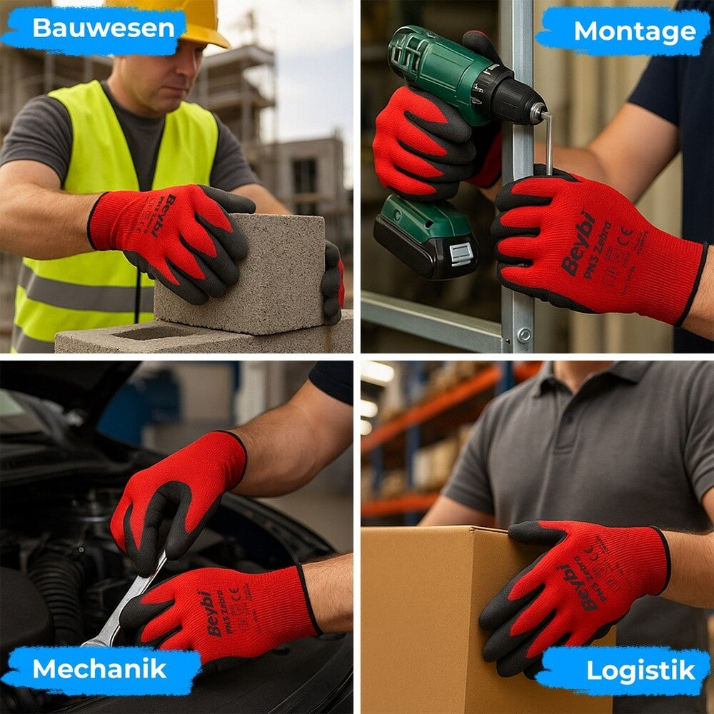 12 Paar Arbeitshandschuhe, Polyester, Rot und Schwarz
