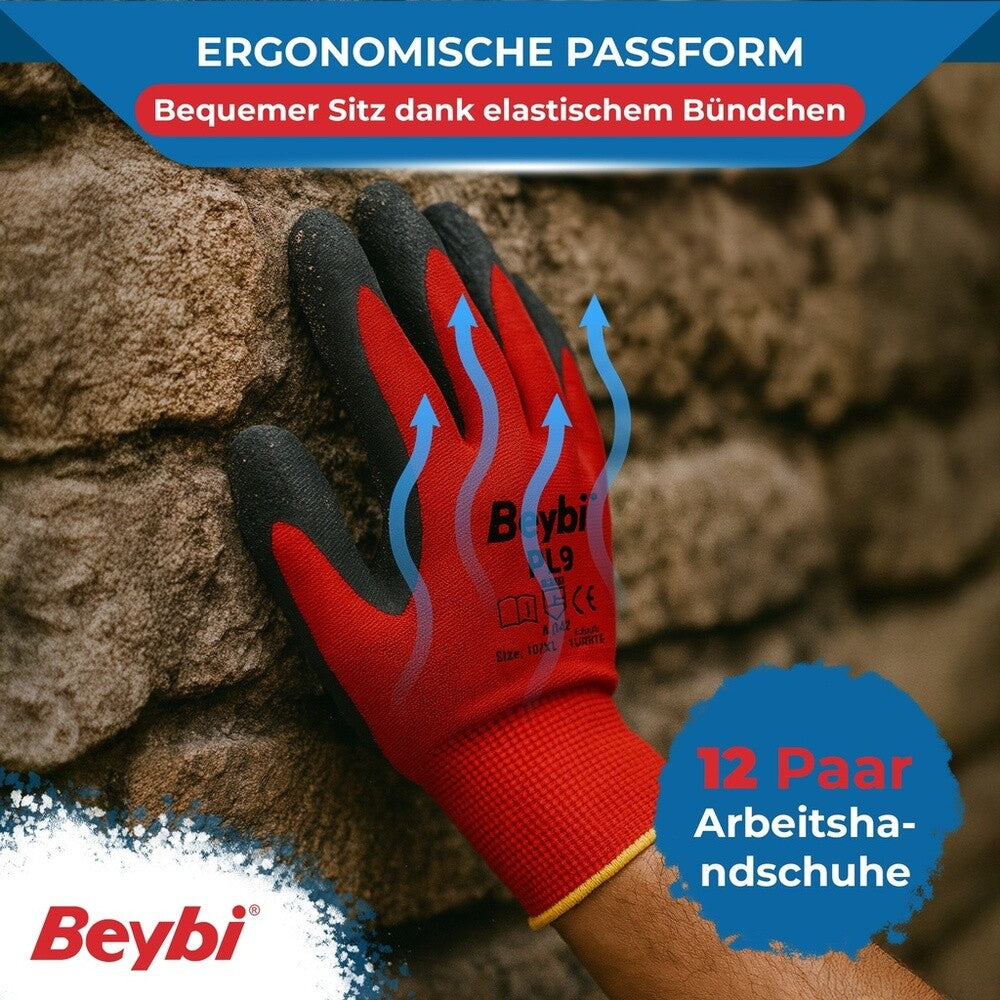 12 Paar Arbeitshandschuhe, Polyester, Rot und Schwarz