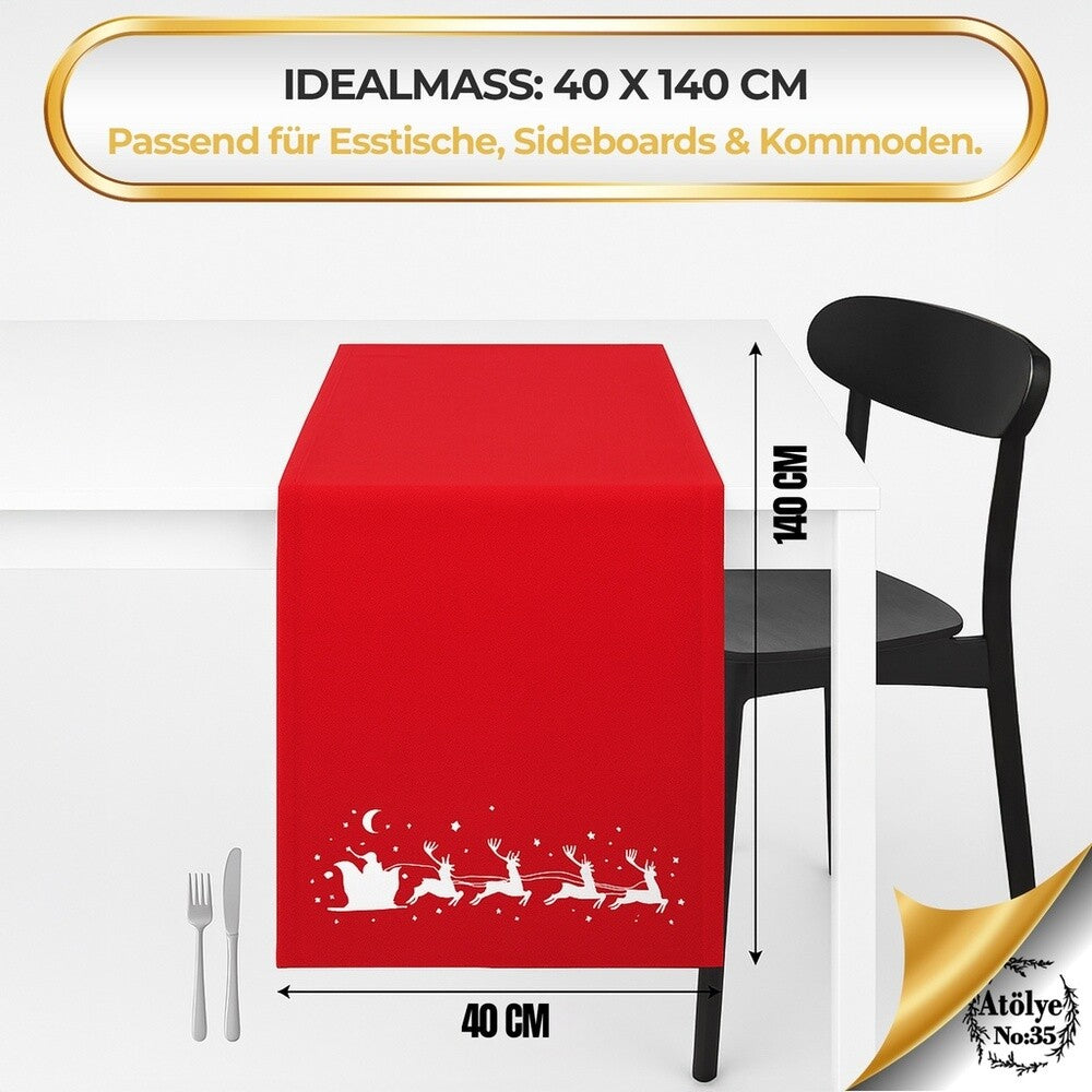 Weihnachtlicher Tischläufer Rot mit Santa&Rentier Golddruck 40x140 Weihnachtsdeko