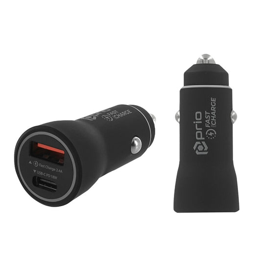 prio Dual Car Fast Charger (USB + Type-C), 36W/4.8A, black