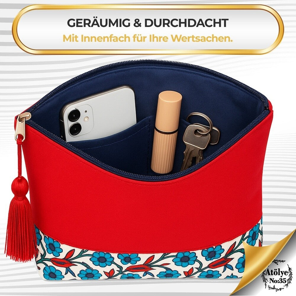 Kulturtasche Damen, Kosmetiktasche Rot, Ethnisches Muster, 32x24 cm