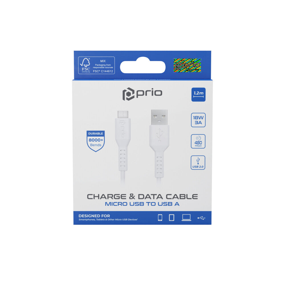 prio Charge &amp; Sync Micro USB to USB A Cable 1.2m white