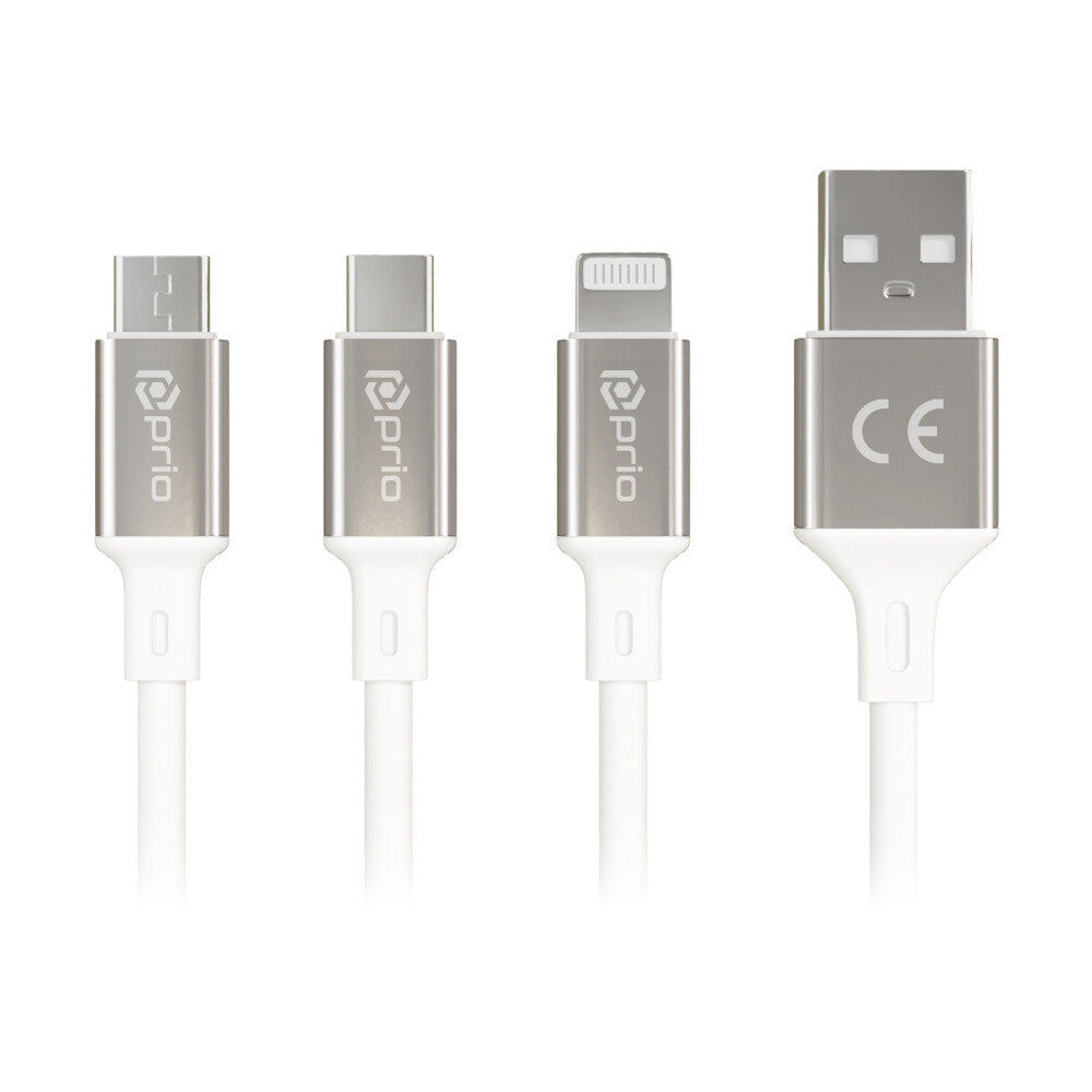 prio 3in1 Micro USB &amp; USB C &amp; Apple cable to USB A cable 3A 2m white