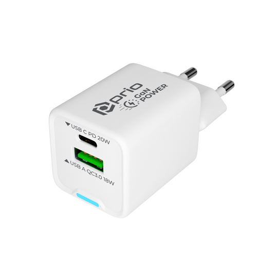 prio Ladegerät GaN Power 20W PD (USB C) + QC 3.0 (USB A) weiß