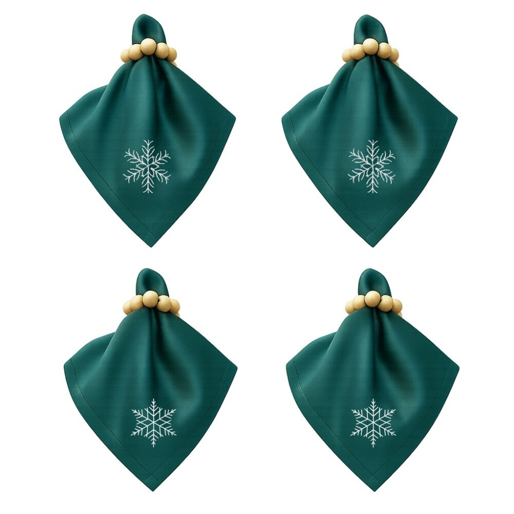 Stoffservietten Weihnachten 4er Set Zümrütgrün Schneeflocken-Stickerei 35x35 cm - Stickerei