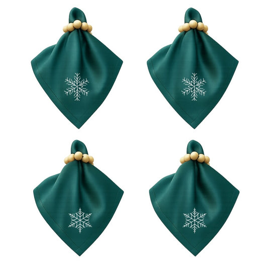 Stoffservietten Weihnachten 4er Set Zümrütgrün Schneeflocken-Stickerei 35x35 cm - Stickerei