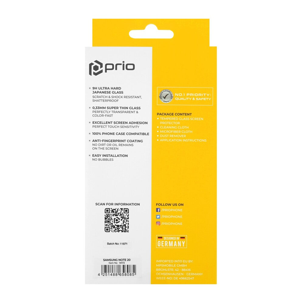 prio 3D screen protector glass for Samsung Note20 black