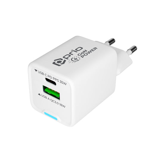 prio wall charger GaN Power 35W PD PPS (USB C) + QC 3.0 (USB A) white